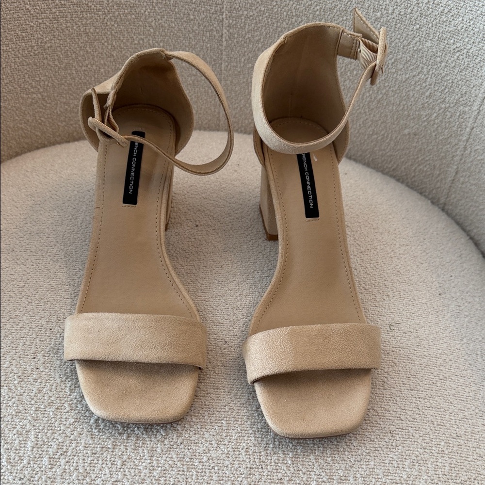 French Connection Ankle Strap Block Heel Sandals in Beige